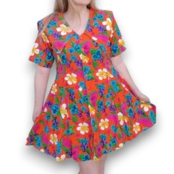 Vintage Tropical Watermelon Floral Print Mini Dress - Picture 1 of 7